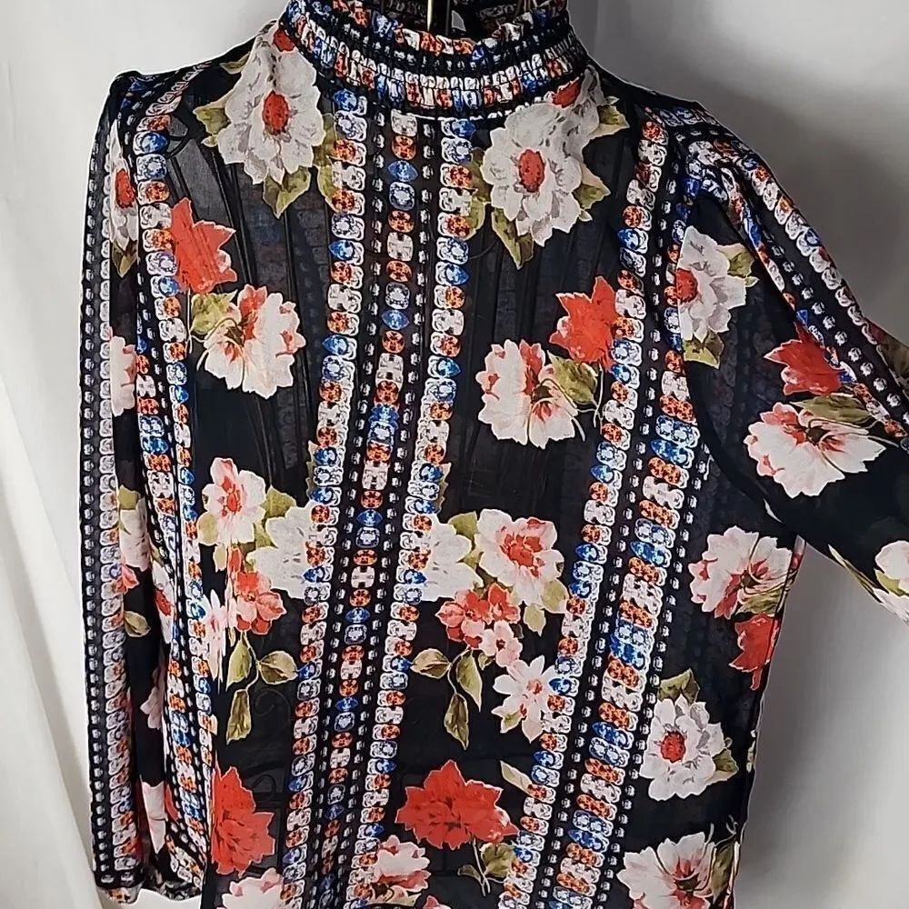 Sheer Floral Long Sleeved Blouse Ruffled Neckline Whimsigoth Fairy Goth